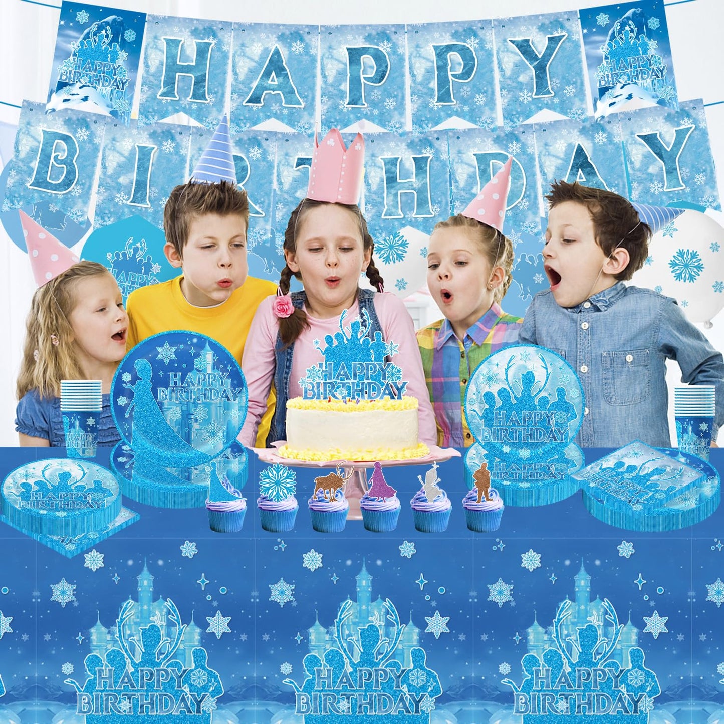tetcuican 104Pcs Frozen Birthday Party Decorations, Snow Theme Party Supplies Set Include Banner, Balloons, Tablecloth, Cake Toppers, Cupcake Toppers, Plates, Napkins for Winter Birthday Decorations