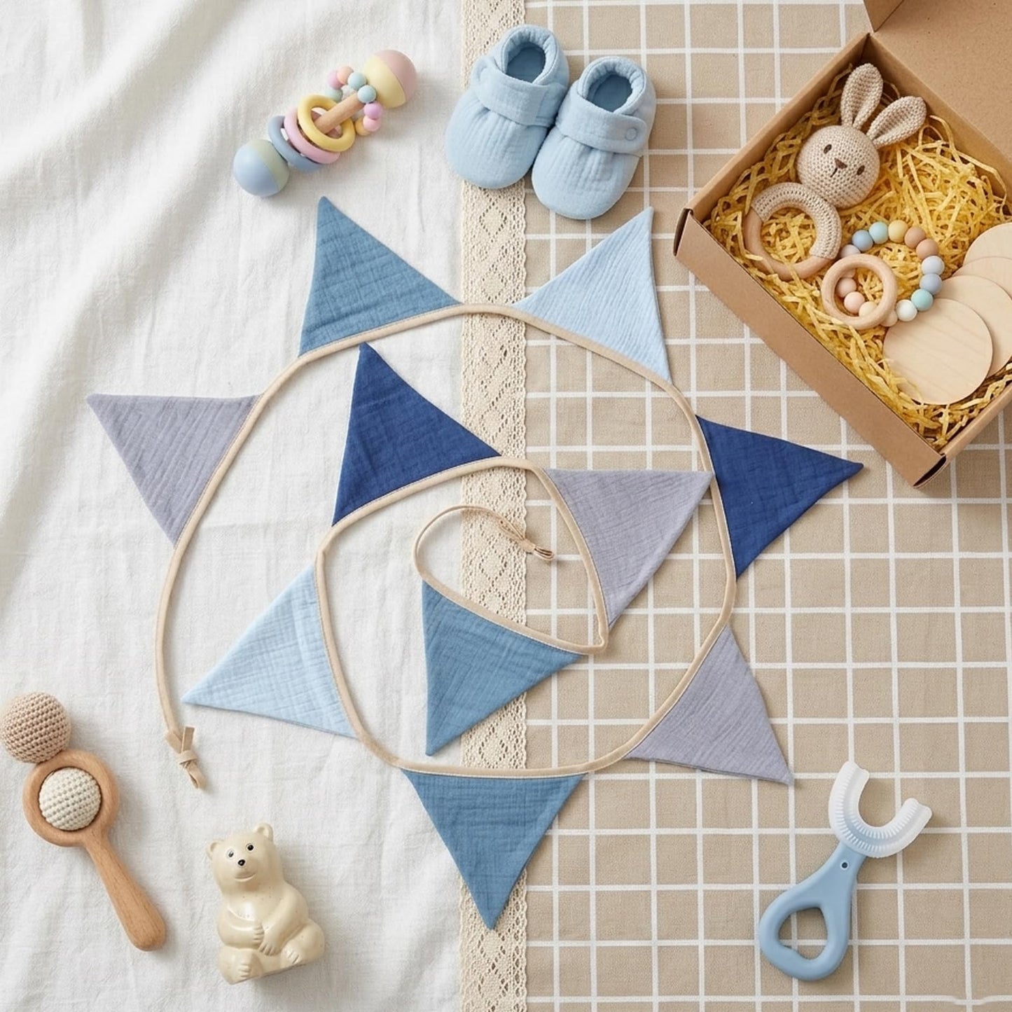Fabric Bunting Banner, 2 Pack Handmade Neutral String Banner Each 8.5 ft 10 Flags Nursery Wall Hanging Wedding Birthday Home Baby Shower Party Decoration Bunting (Blue)