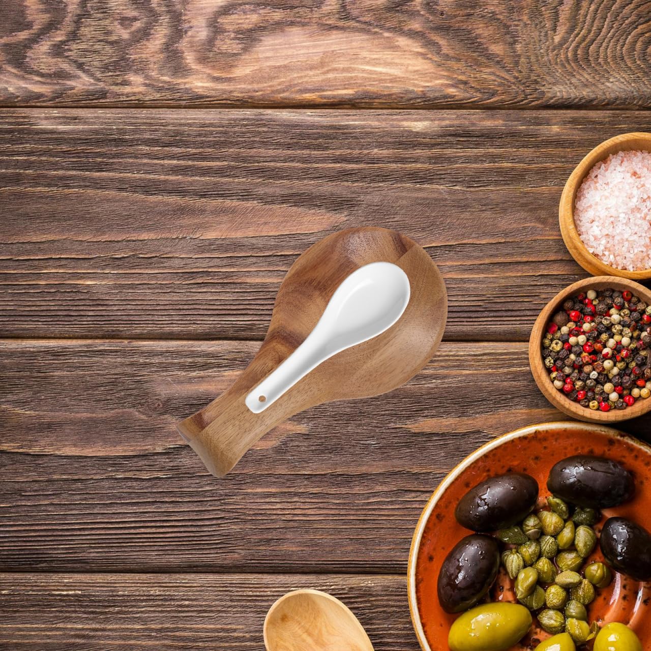 Luxshiny Wood Spoon Rest for Kitchen Counter Wooden Utensil Holder for Frying and Cooking Kitchen Spoon Rest for Ladle Spatula, 6.68 x 3.54 x 0.79 Inch