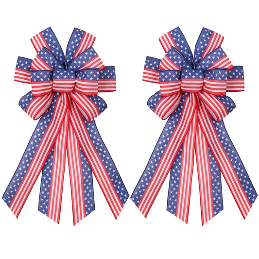 EVRWO 2 PCS Large Patriotic Wreath Bows Star and Stripe America Flag Bow 4th of July Red Blue Burlap Bow for Veteran's Day Independence Day Memorial Day Front Door Holiday Party Home Decor 20 * 12"