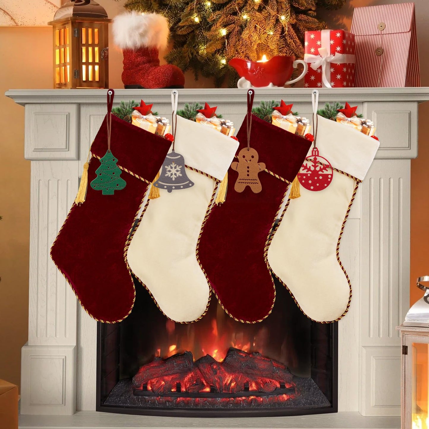 HiPeep 4 Pack Christmas Stockings, Red and White Luxury Velvet Christmas Stocking Set, Xmas Stocking for Fireplace, Tree Decorations