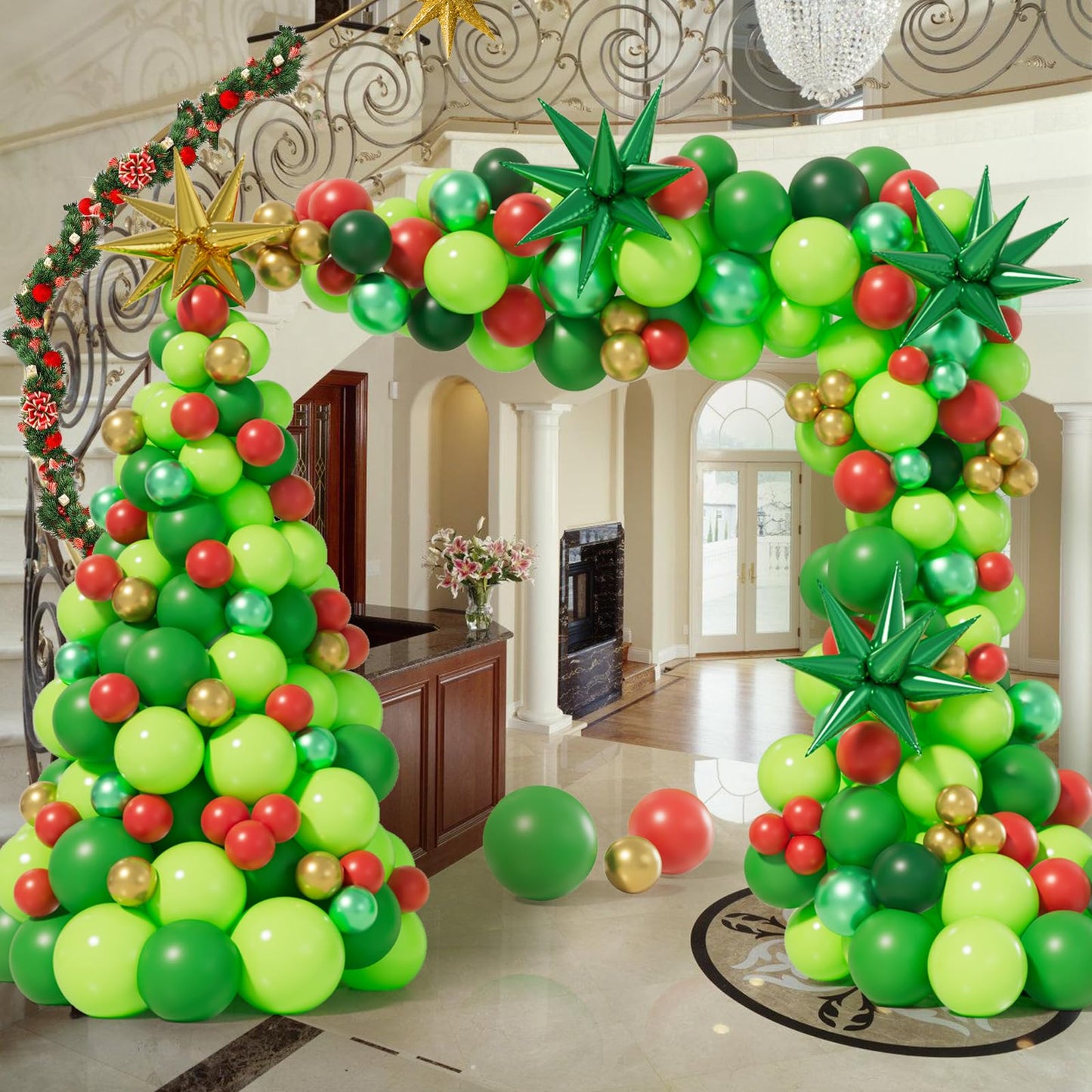 AobkDeco 284PCS Christmas Balloon Garland Arch Kit With lime Green Dark green Red Balloons Exploding Star Balloons for Christmas Party Decorations Supplies