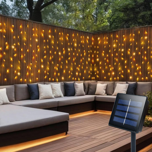 DBFAIRY Solar Curtain Lights, 13Ft x 3.3Ft 200 LED Outdoor Curtain Lights Waterproof Auto ON/Off 8 Modes for Garden Fence Patio Wall Decor (Warm White)