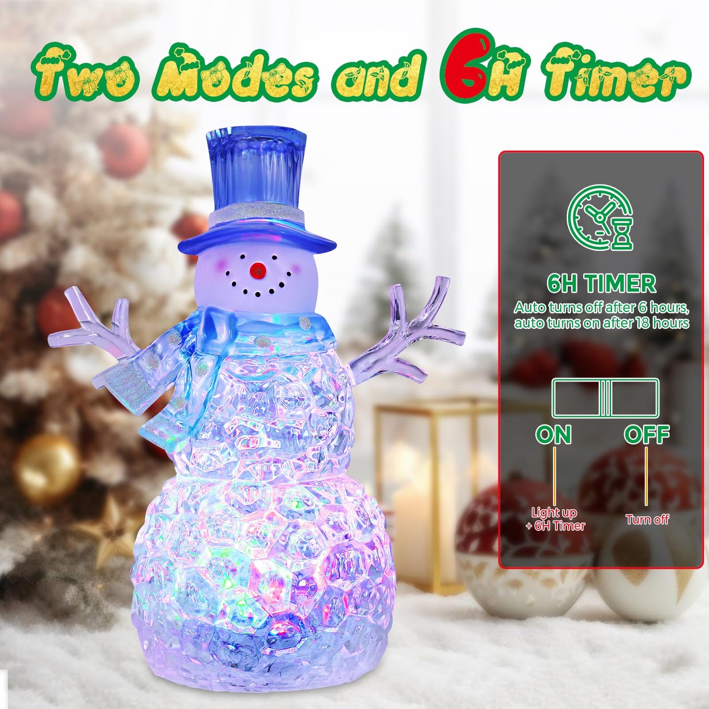 Snowman Christmas Decoration LED Lighted Snowman Figurines with 6H Timer 3 AAA Battery Operated Christmas Acrylic Snowman Decorations for Indoor Holiday Tabletop Decorations Gifts (Blue Hat)