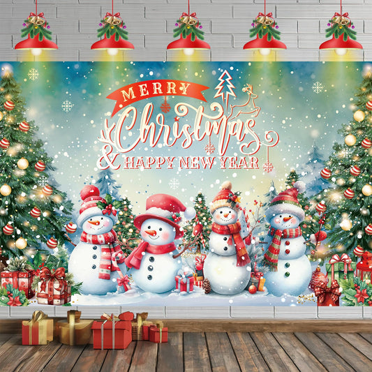HILAVO 6x3.6ft Large Christmas Banner Backdrop, Snowman Merry Christmas Banner Indoor Xmas Photography Background Party Decoration for Xmas New Year Party Photo Booth Wall Hanging Decor