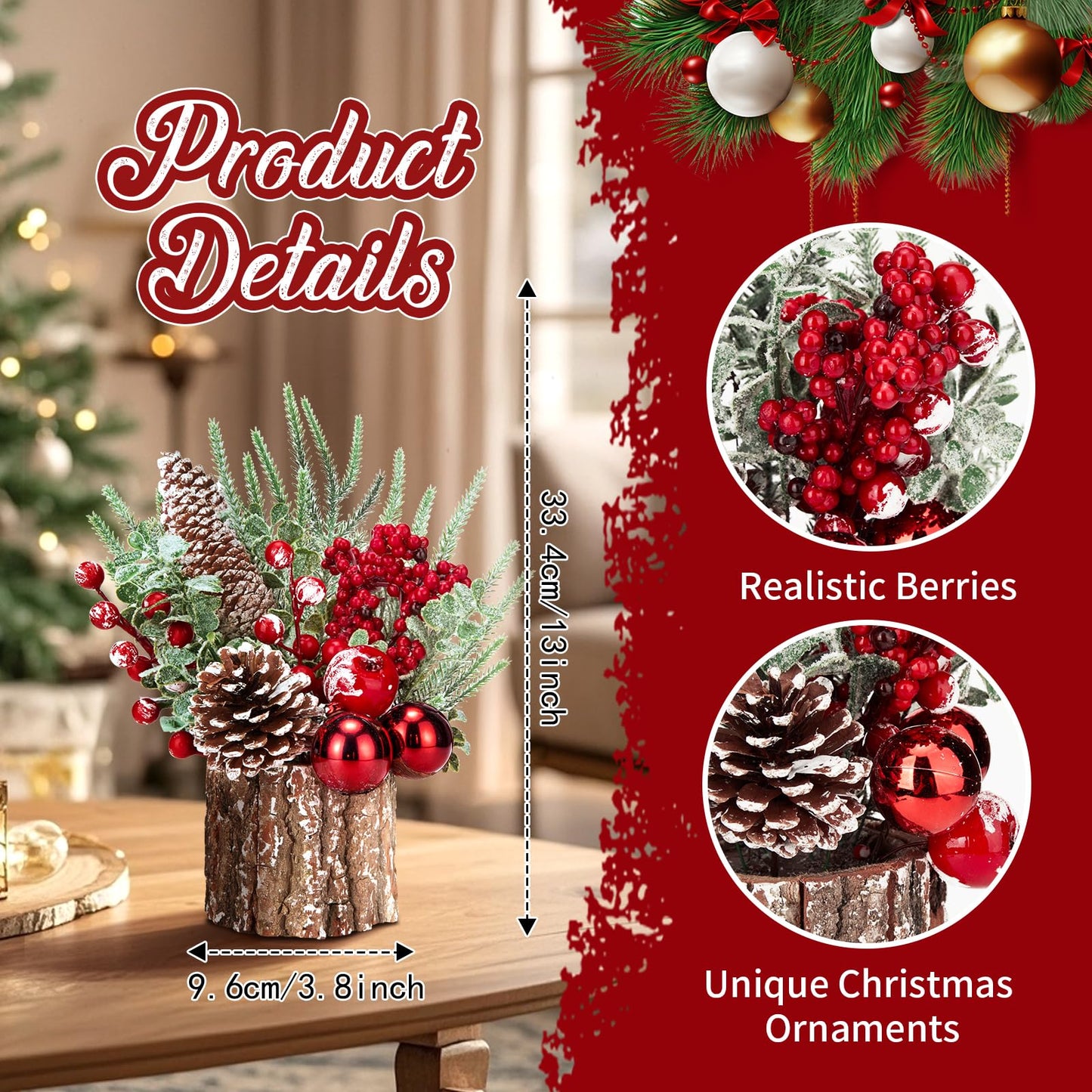Christmas Decorations Indoor, Christmas Centerpiece Table Decorations, Small Artificial Tabletop/Desk Christmas Tree with Xmas Ornaments Pinecone Berry for Home Farmhouse Mantle Décor (Red)