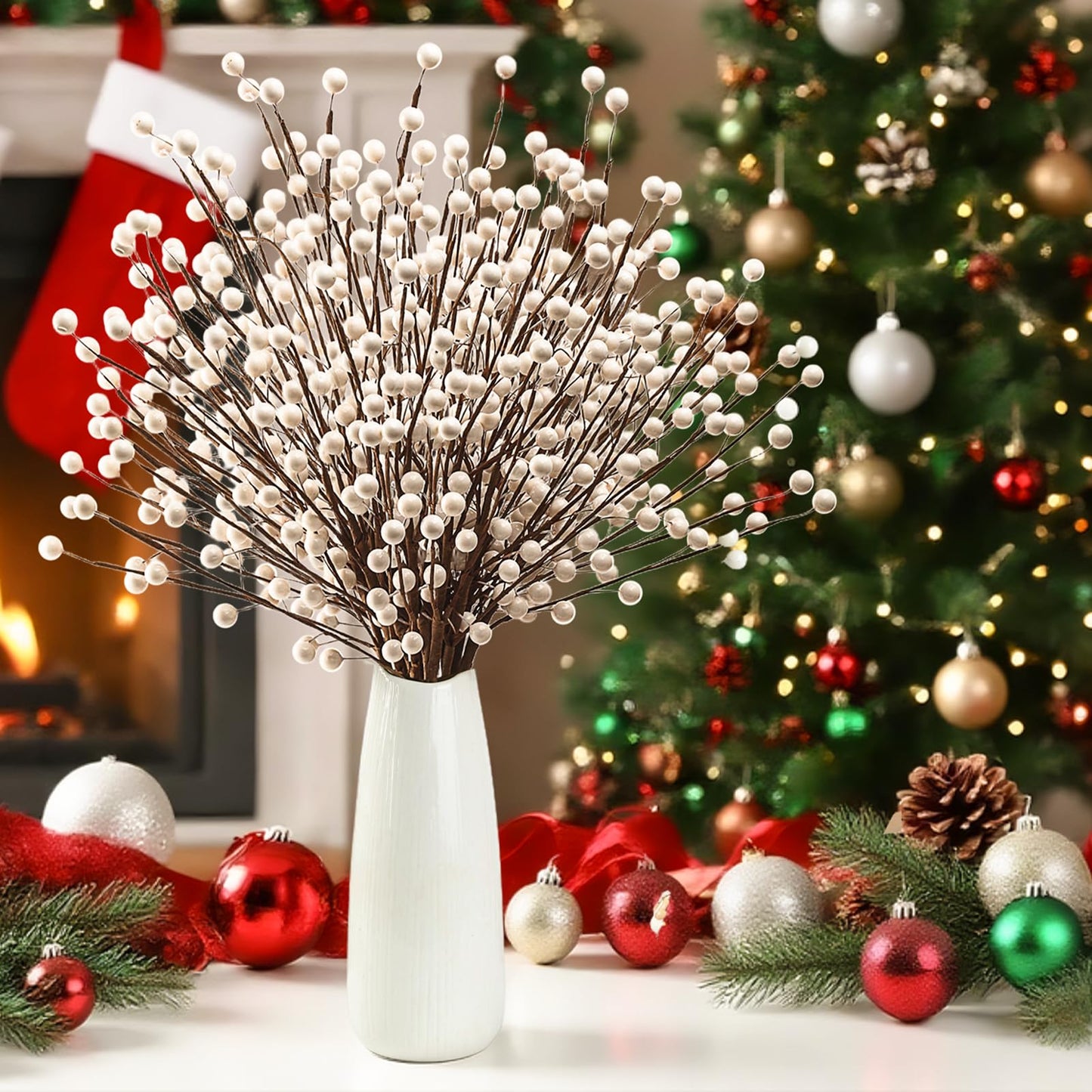 Kanxinr Winter Decorations 12Pcs Artificial Berry Stems White Berry Picks for Christmas Holiday Home Centerpieces Decor (Cream)