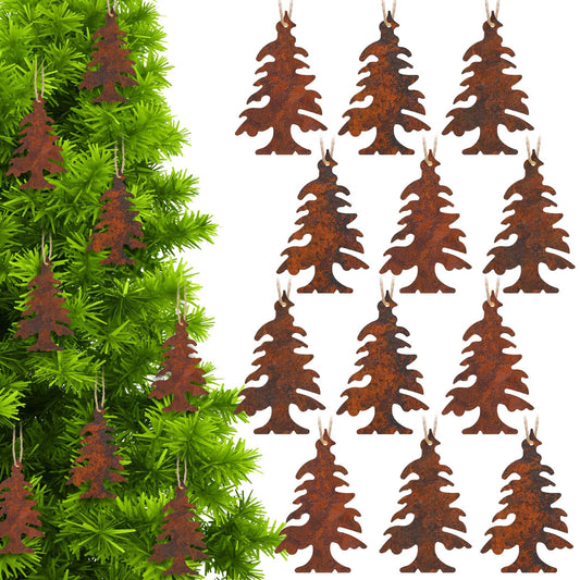 Syhood 12 Pcs Rusty Metal Christmas Tree Decorations Rustic Craft Farmhouse Vintage Tree 3.07" Mini Rusted Christmas Ornaments with Jute Twine for Xmas Door Home DIY Crafts Decor