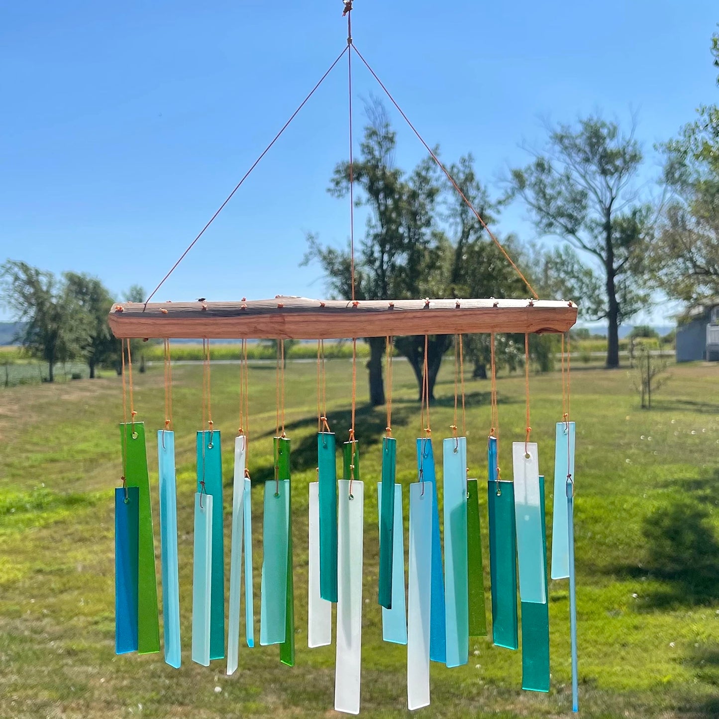 Blue Handworks Sea Glass and Driftwood Chime - Sandblasted Glass and Found Wood Hand Crafted Wind Chime
