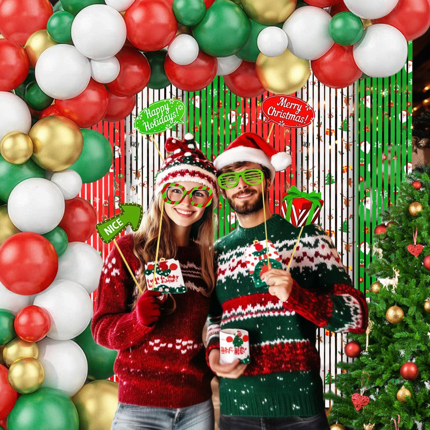 MEHOFOND 164pcs Merry Christmas Party Decorations Set, Christmas Foil Fringe Curtains, Red Green Gold Balloons Arch Garland Favors for Kids Adults Friends Ugly Sweater Party Props for Photo Supplies