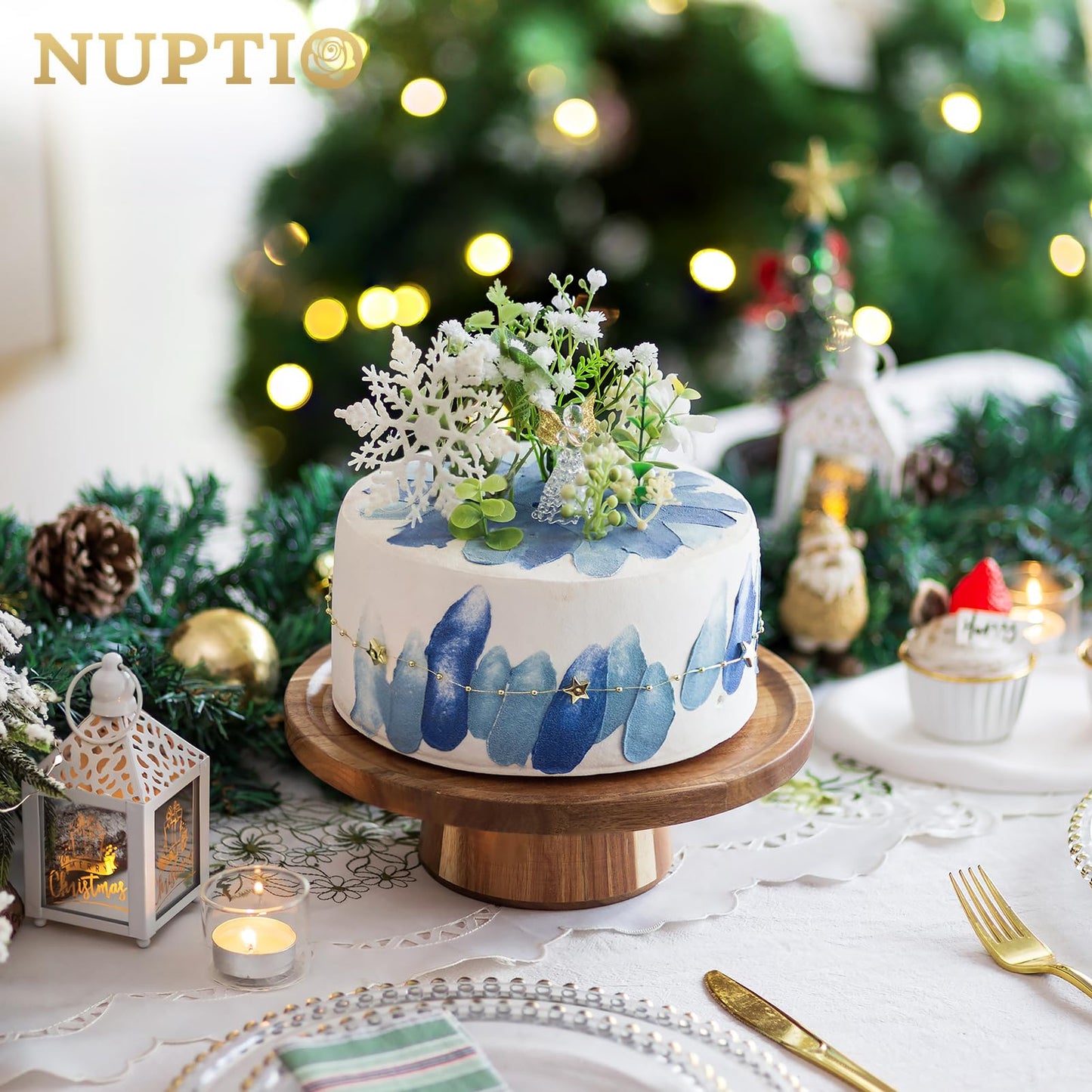NUPTIO Wooden Rustic Cake Stand: 9.5" Round Cake Pedestal Holder 4 in 1 Vintage Cupcake Stand Serving Tray Dessert Display Plate for Wedding Halloween Christmas Easter Birthday Party - 8 Inch Cake