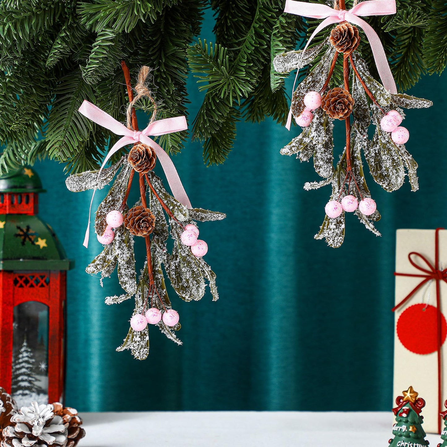 Giegxin 1 Piece Christmas Artificial Mistletoe Ornament with Red Bow Christmas Hanging Mistletoe Decoration Bouquet Floral Natural Pine Cones Holiday Decoration Ornament Bouquet (Pink Style)