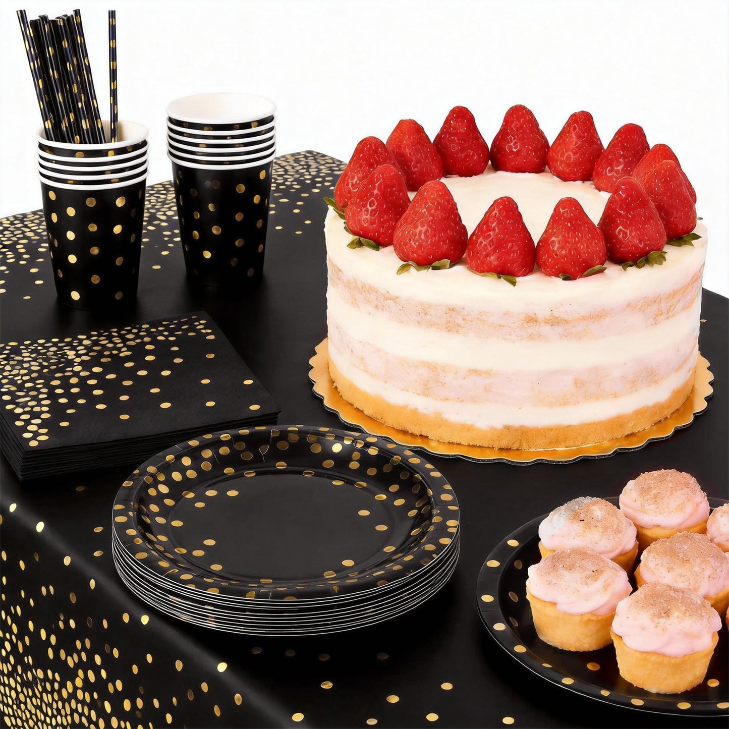 PHOGARY 61 Pcs Black Gold Disposable Tableware Set, Paper Plates and Napkins Party Supplies Dinnerware Golden Dot Black Plates Cups Straws Napkins Plastic Tablecloths for Birthday Party Decorations