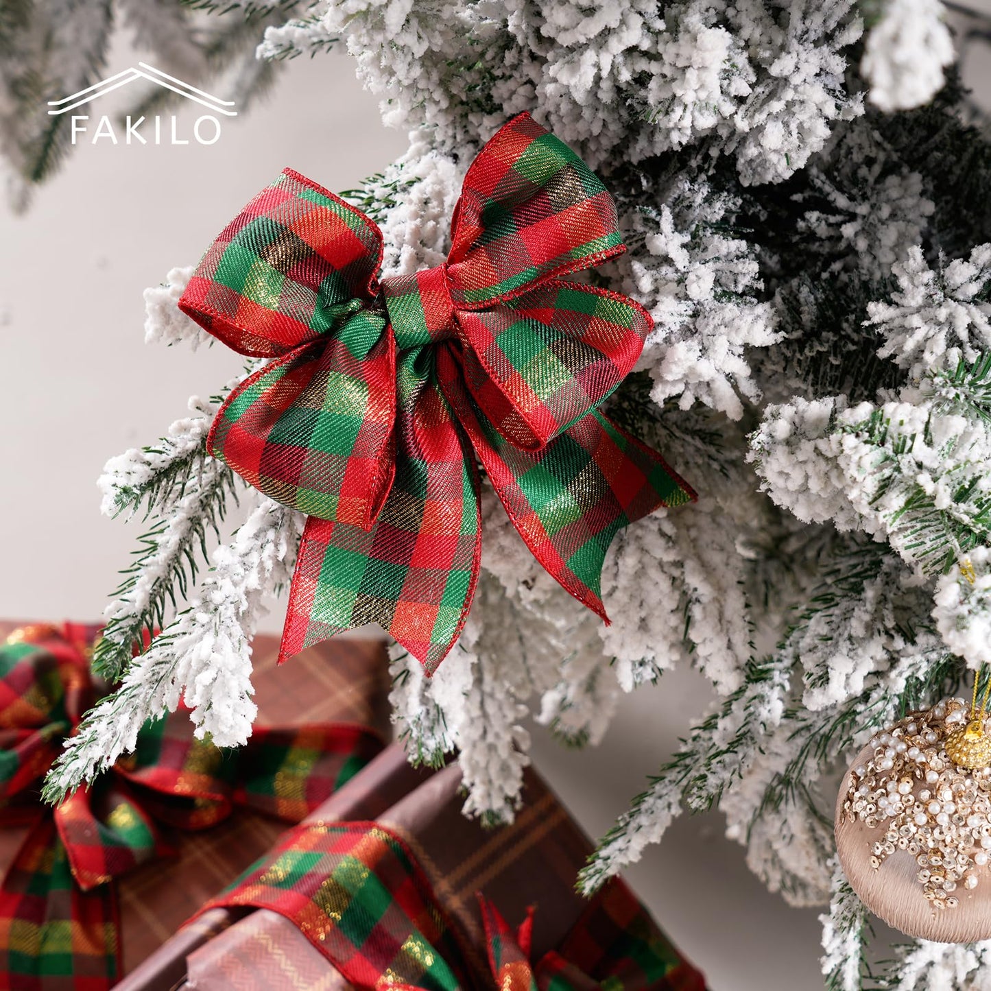 FAKILO Christmas Wired Ribbon 2-1/2 inch x 10 Yards Gold Red and Green Gingham Buffalo Plaid Tartan Christmas Ribbon for Tree Wreath Decor Gift Wrapping Topper Bow Making
