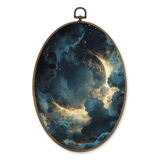 LKETW Celestial Moon Oval Wall Art Decor, whimsical Oval Canvas Hanging Decor, Vintage Boho Wall Decorations for Home Living Room Bedroom, 11.4x8.6 Inch