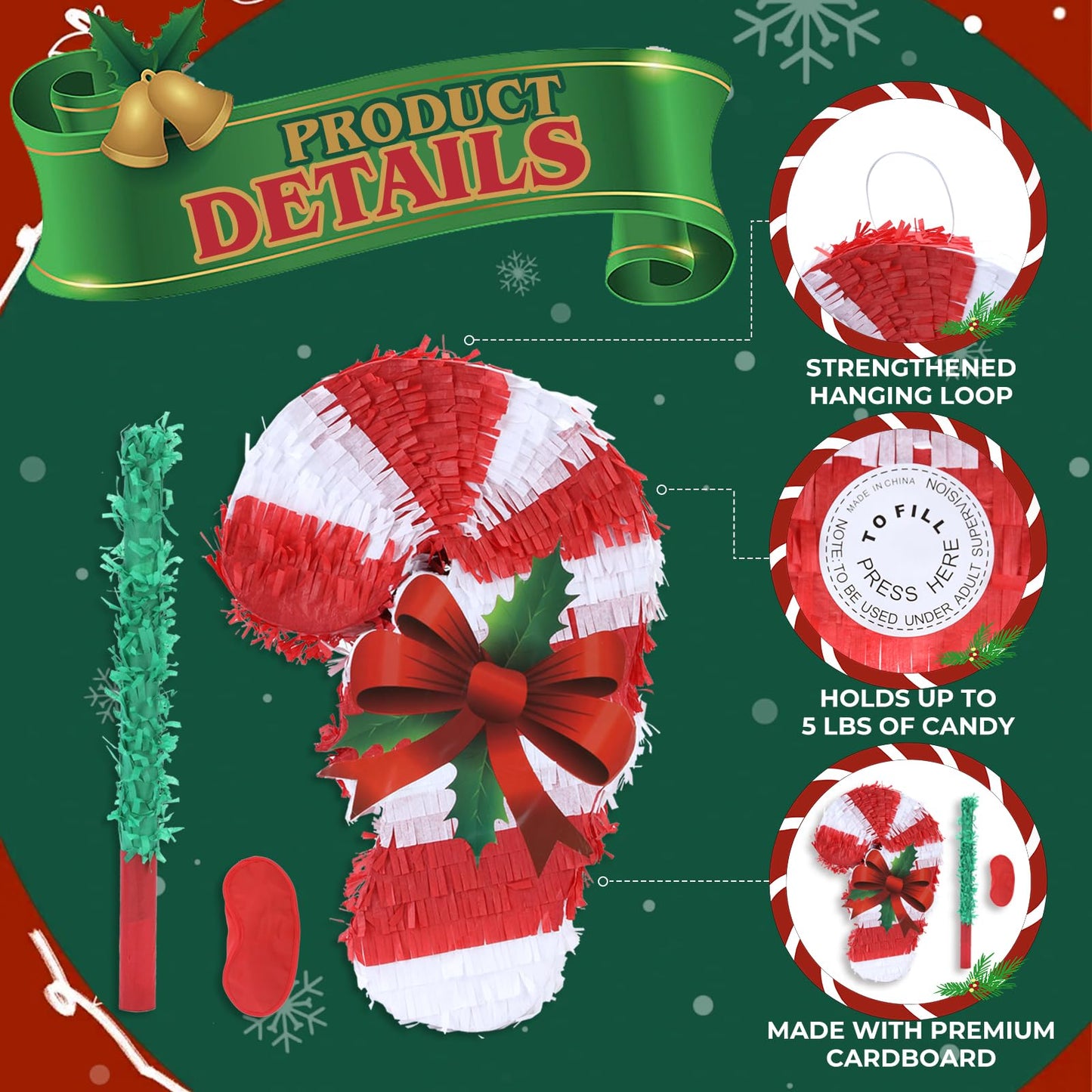 Birchio Christmas Candy Cane Pinatas Bundle with a Blindfold and Bat (Small Size 17x11x4 Inches), Holiday Theme Piñata, Christmas Party Supplies, Xmas Piñata, Party Decoration Games