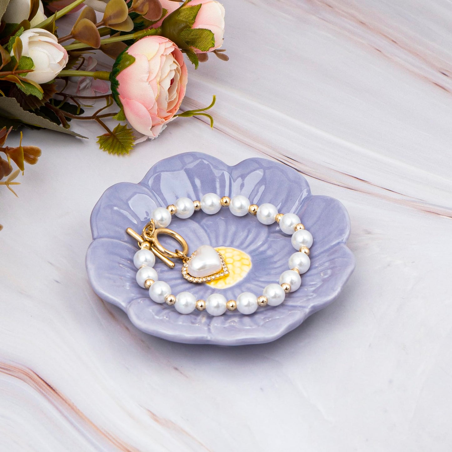 SHIDOW Ceramic Flower Jewelry Tray, Purple Blossom Trinket Dish and Ring Holder for Vanity, Nightstand or Entryway (Purple)