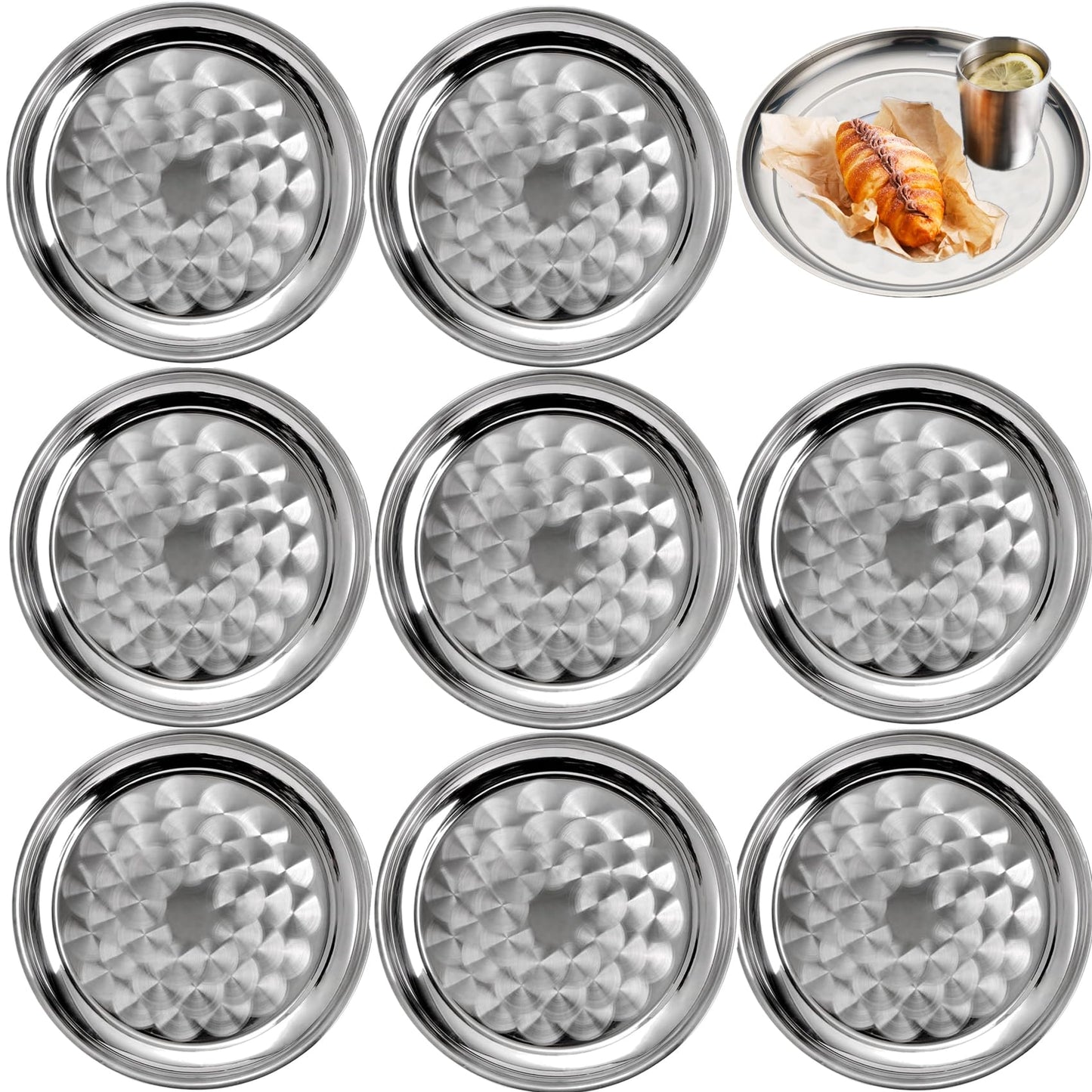 CEZOOWYEX 8 Pack Stainless Steel Round Serving Tray, 12 Inch Silver Oven Baking Tray, Dishwasher Safe Sturdy Metal Display Tray for Coffee Table, Bar, Party, Club, Home, Ottoman