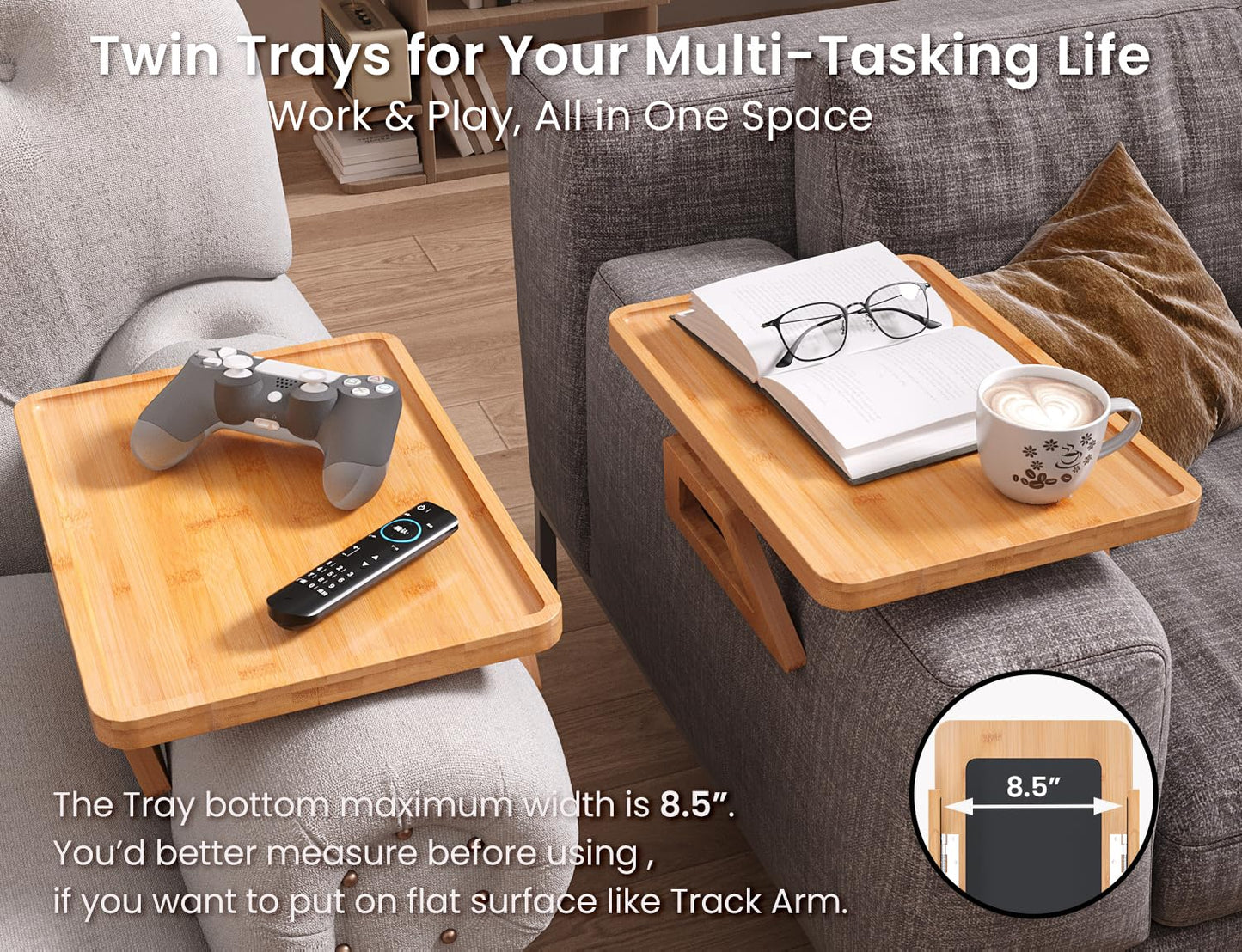 Danfoxer 2 Pack Couch Arm Tray,Bamboo Folding Sofa Tray,Sofa Armrest Trays Clip-On Couch Desk for Drinks,Snacks,Phone,Remote Control（Natural）