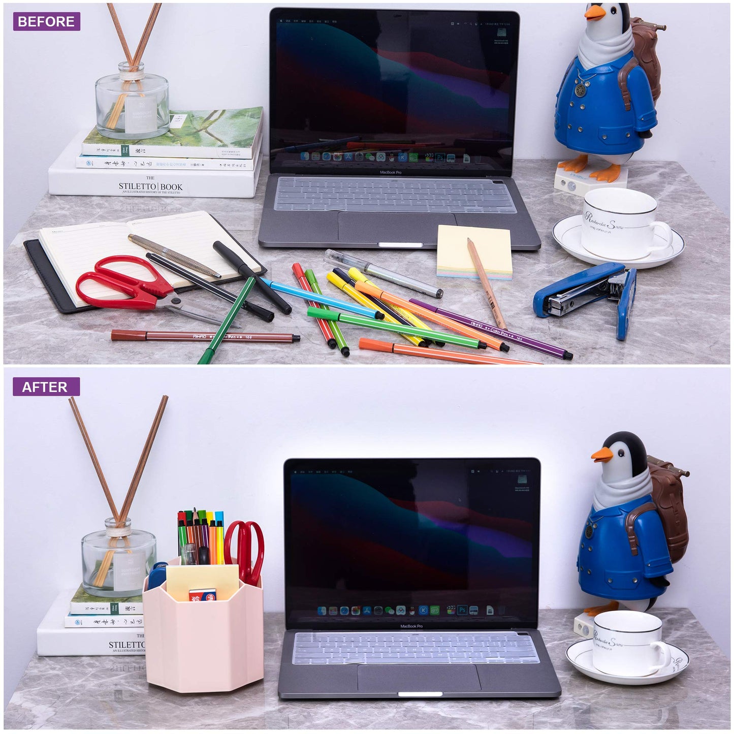 Siveit Desk Pencil Pen Holder, Rotating Pen Organizers 360-Degree 5 Grid Pen Holder for Desktop Storage Stationery Supplies Organizer, Home, Office, School, Kids, Peach Pink