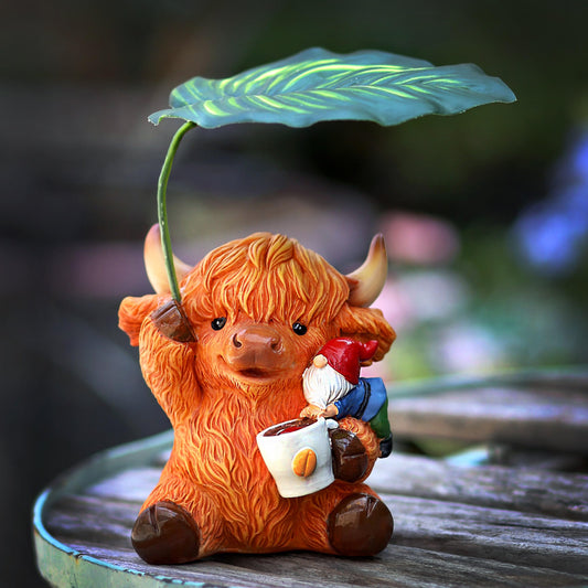 Garden Gnome with Highland Cattle 6.5“ Figurine Ornament for Indoor Outdoor Home Patio Yard Lawn, Red Hat, Blue Outfit, Indoor Outdoor Decorative Statue