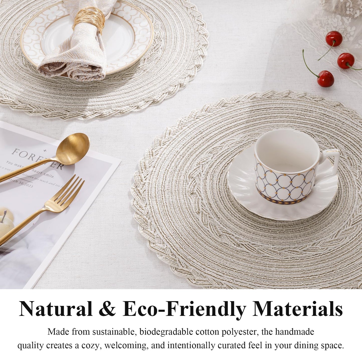 SHACOS Round Placemats Set of 6 Boho Braided Bordered Place Mats 15 inch for Dining Tables Wedding Holiday Party (Ivory Bordered, 6)
