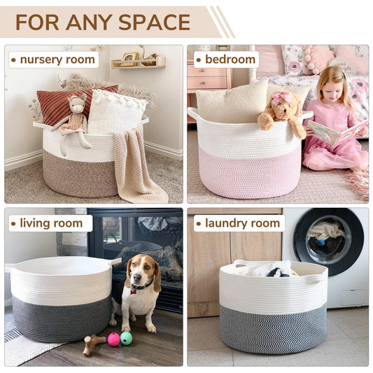 INDRESSME XXXLarge Blanket Basket for Living Room 21.7" x 21.7" x 13.8"-Storage Basket with Handle for Organizing Toy Pillows Woven Cotton Rope Laundry Basket Stuffed Animal Toy Storage for Play Room