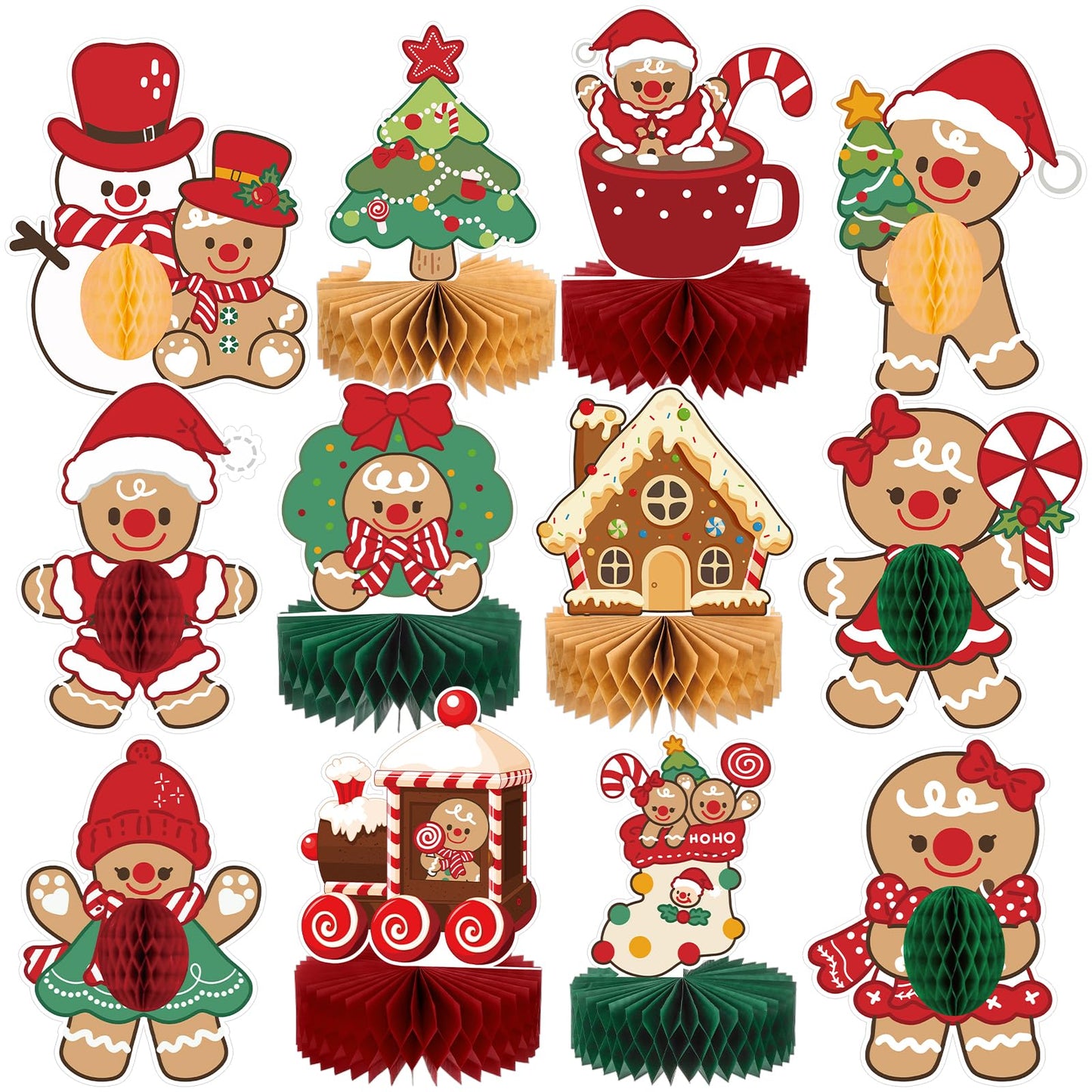 NatNarr 12PCS Christmas Table Centerpieces Gingerbread Christmas Decorations Honeycomb Centerpieces Xmas Party Decorations Snowman Table Toppers for Winter Holiday Party Supplies