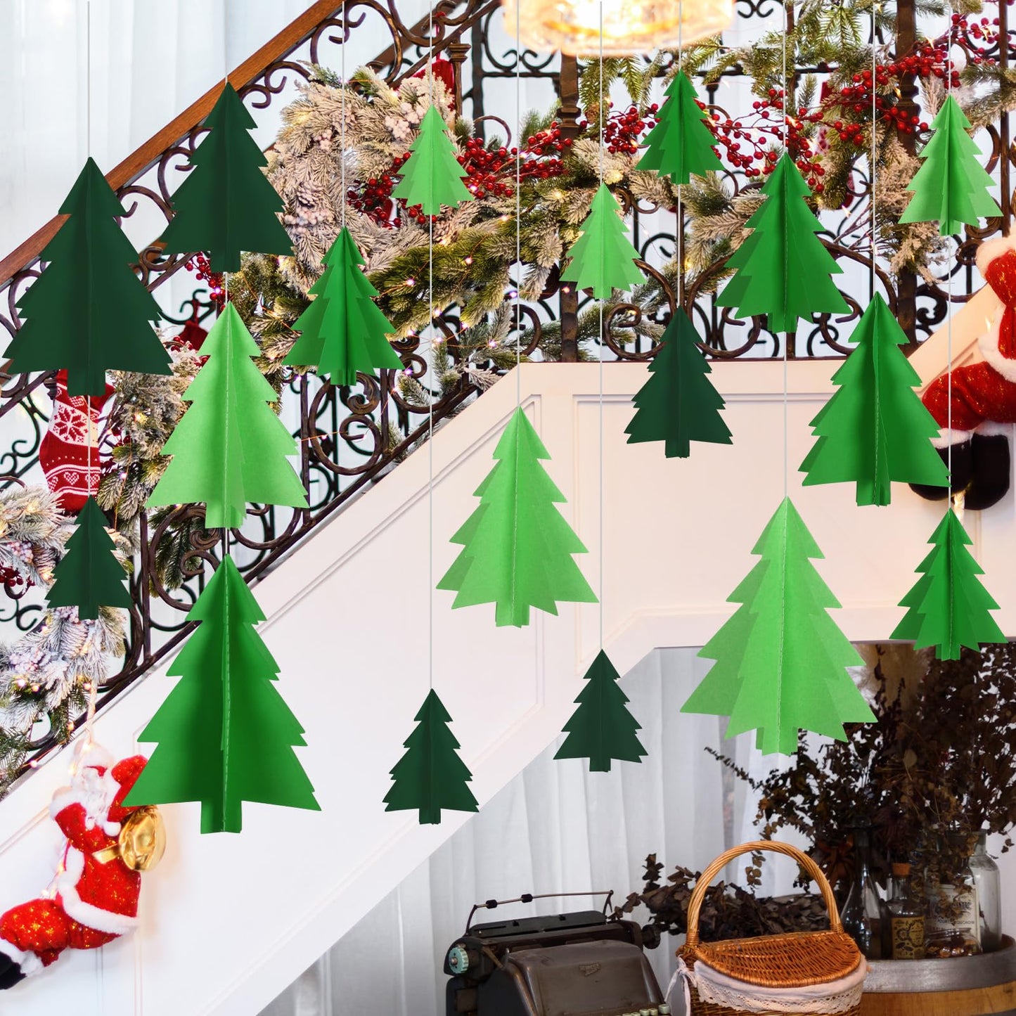 JarThenaAMCS 18Pcs 3D Christmas Tree Hanging Decorations Green Xmas Tree Paper Hanging Ornaments with String for Winter Home Party Wall Ceiling