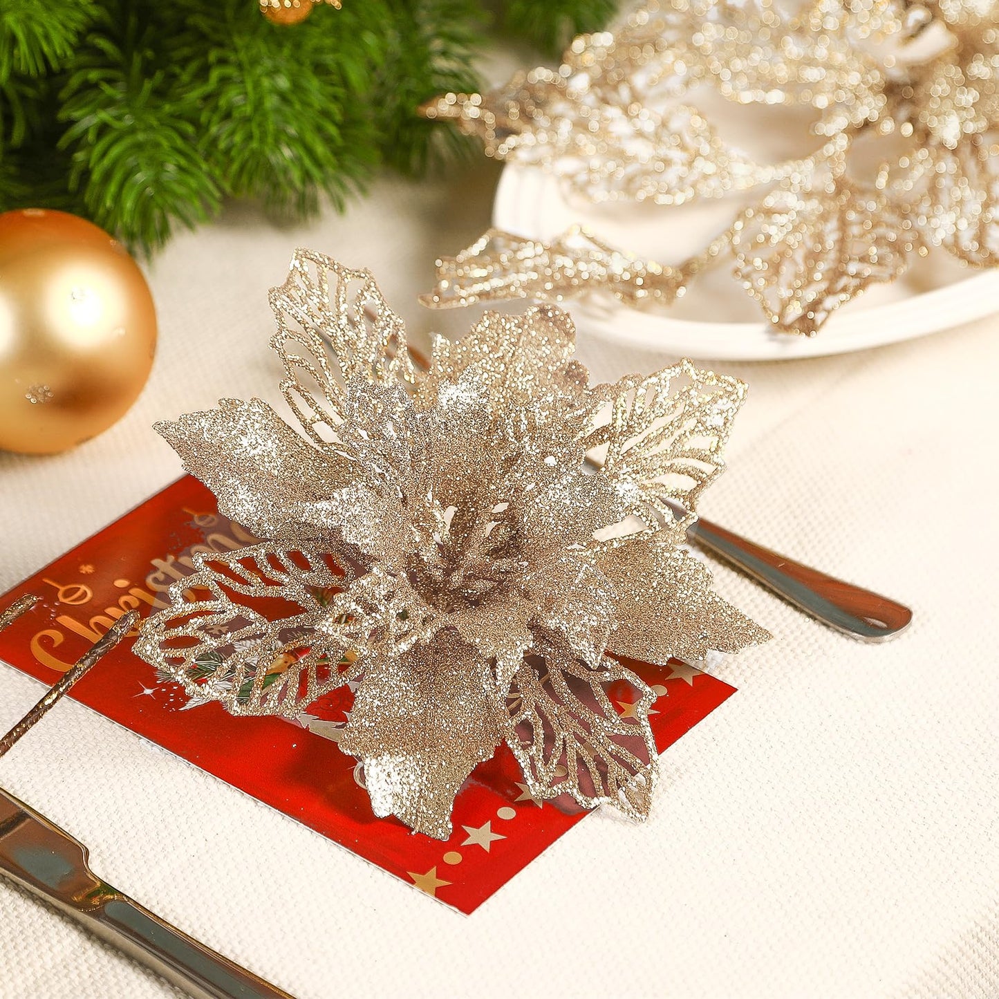 Alupssuc 24 PCS Christmas Tree Decorations, 12 PCS Poinsettia Flowers Artificial+6 PCS Glitter Holly Berry Stems+6 Berry Leaves Christmas Tree Picks for Party Wreath Fireplace, Champagne Gold