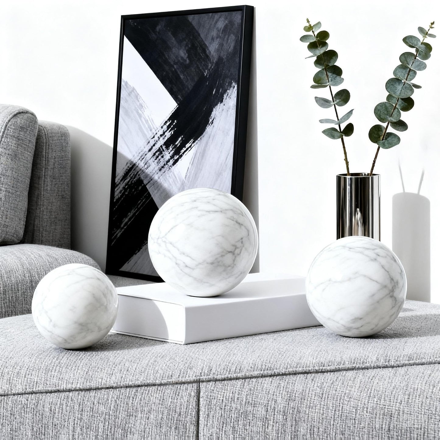 SIRIZEN-DIVING White Natural Marble Decorative Sphere Set, Heavy Solid Stone Balls for Home Decor, Bedroom, Entryway, Hotel, Dining Room Tabletop Display (8cm Diameter)