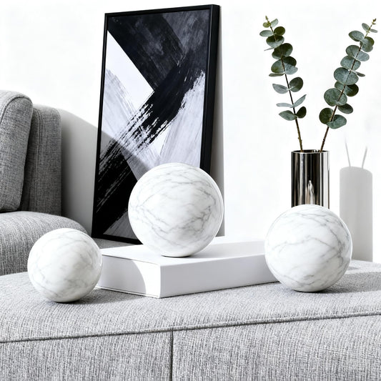 SIRIZEN-DIVING White Natural Marble Decorative Sphere Set, Heavy Solid Stone Balls for Home Decor, Bedroom, Entryway, Hotel, Dining Room Tabletop Display (8cm Diameter)