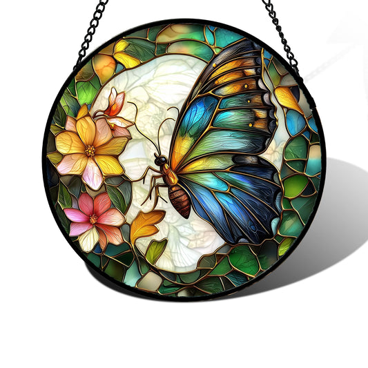 DASTOLL Stained Glass Window Hanging, Butterfly Flower Sun Catchers Diamond Glass Panel Hangings Insect Suncatcher Decor for Birthday for Women, Men, Wife, Aunt, and Mom 6.3 in