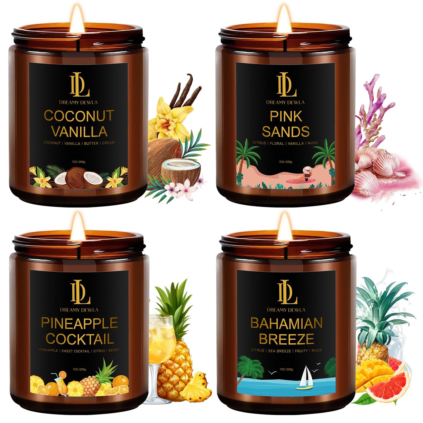 Scented Candles Set, 4 Pack Soy Candles for Home Scented, Candle Gifts for Men Women, Scents of Pineapple Cocktail/Coconut Vanilla/Pink Sands/Bahamian Breeze