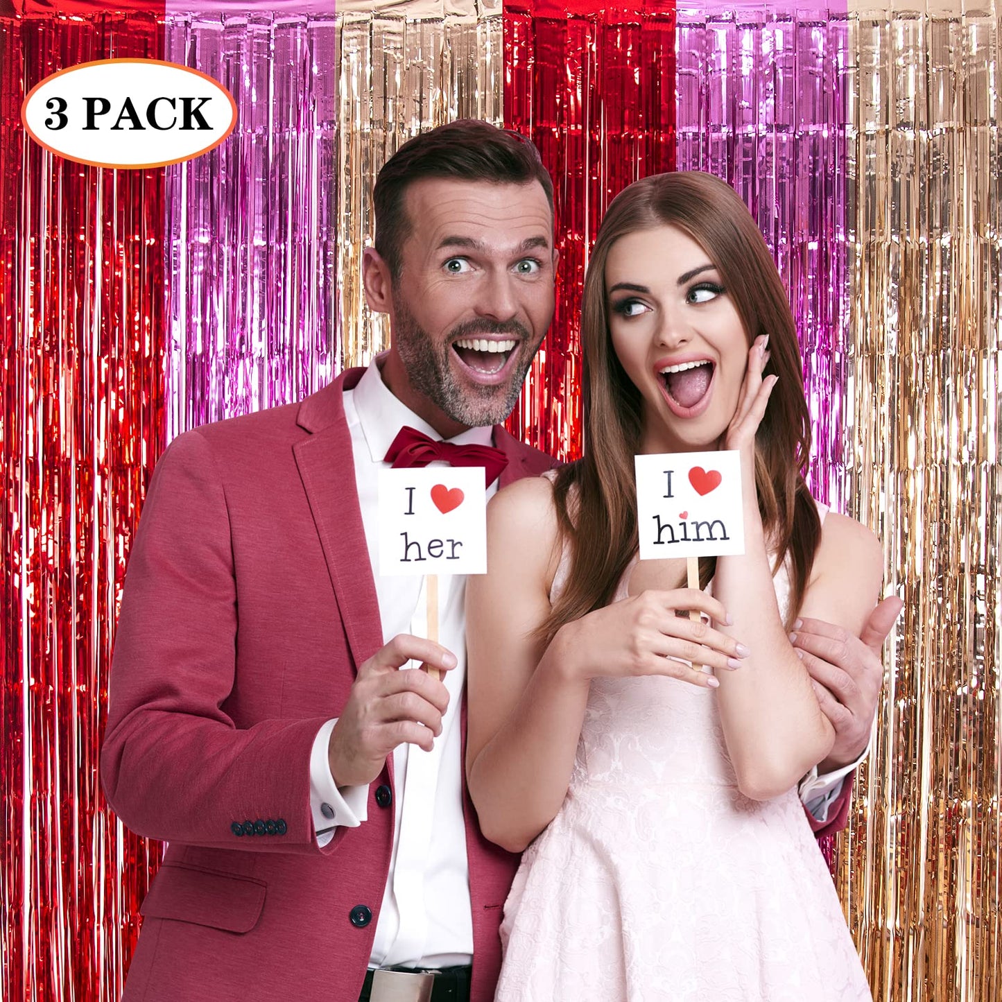 LOLStar 3 Pack Valentines Day Party Decorations 3.3X6.6 ft Photo Booth Props Red Pink Champagne Gold Valentine's Day Decors Foil Fringe Curtains Backdrop Streamers for Wedding Birthday Engagement