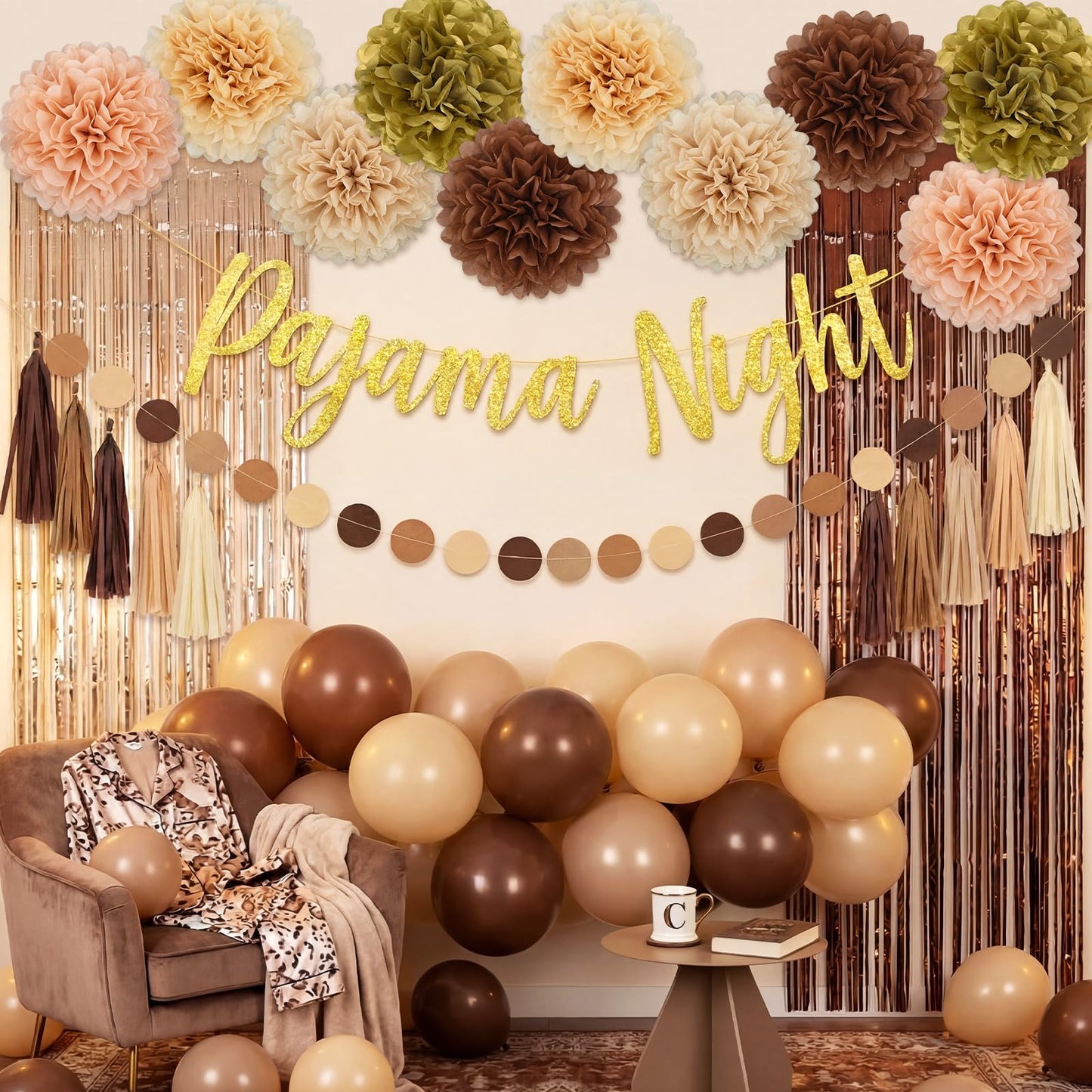 Riceshoot 41 Pcs Brown and Beige Pajama Night Party Decoration Kit Include Pajama Night Banner Paper Pom Poms Tassel Garland Circle Dot Banner Balloons for Gathering Brown Party Decoration Supplies