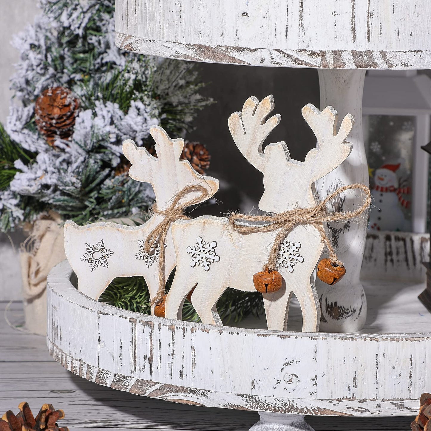 Sanwuta 2 Pieces Reindeer Christmas Decor Christmas Deer Desk Decor Indoor Rustic Reindeer Standing Tabletop Decoration Wooden Deer Table Decoration for Home Lawn Garden(Yellow Bell)