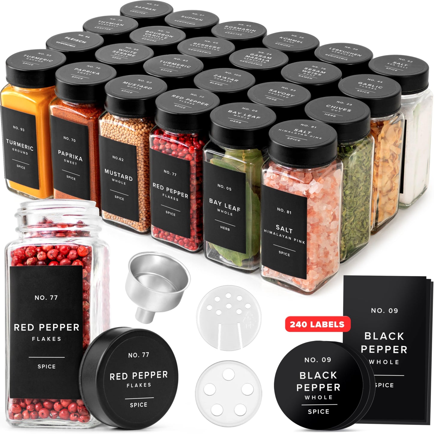 EDELHAUS Glass Spice Jars with Label and Black Lids (24 x 4oz) Spice Containers with 240 Labels, Shaker Inserts, Steel Funnel, Empty Square Empty Square Seasoning Organizer