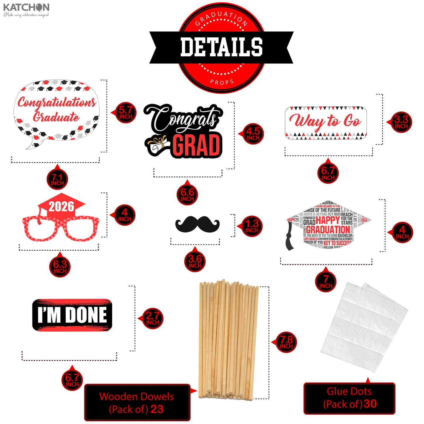 Graduation Decorations 2026 | Red Graduation Photo Props - Pack of 23 | Photo Props for Red & Black | Graduation Props for Congrats Grad Decorations | Class of 2026 Decorations, KatchOn