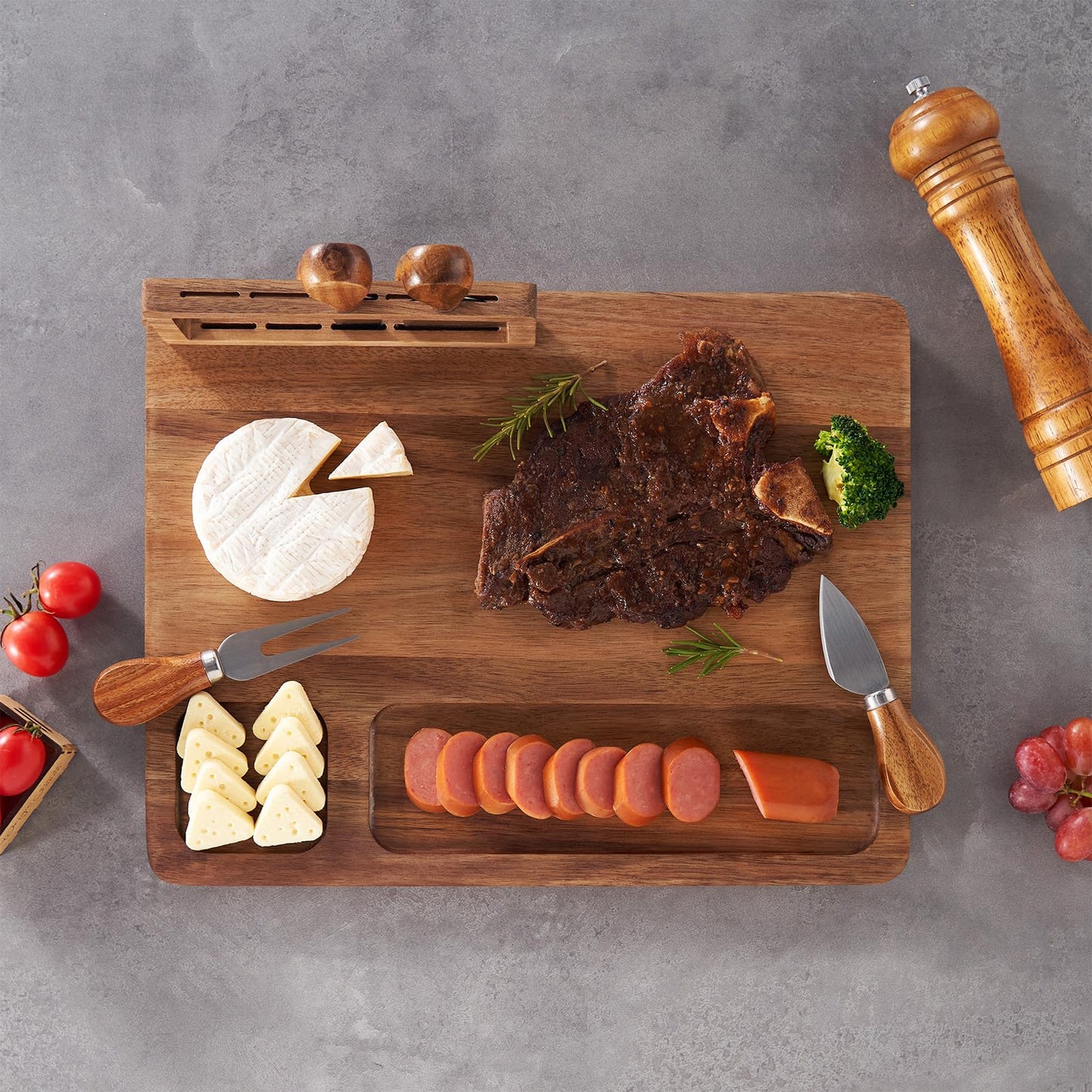 LITY Acacia Wood Charcuterie Board, Cheese Board Set with Magnetic Knife Holder, 14"x 11" Large Serving Tray for Meat, Ideal Gift for Anniversary, Christmas, Thanksgiving, Wedding, Halloween