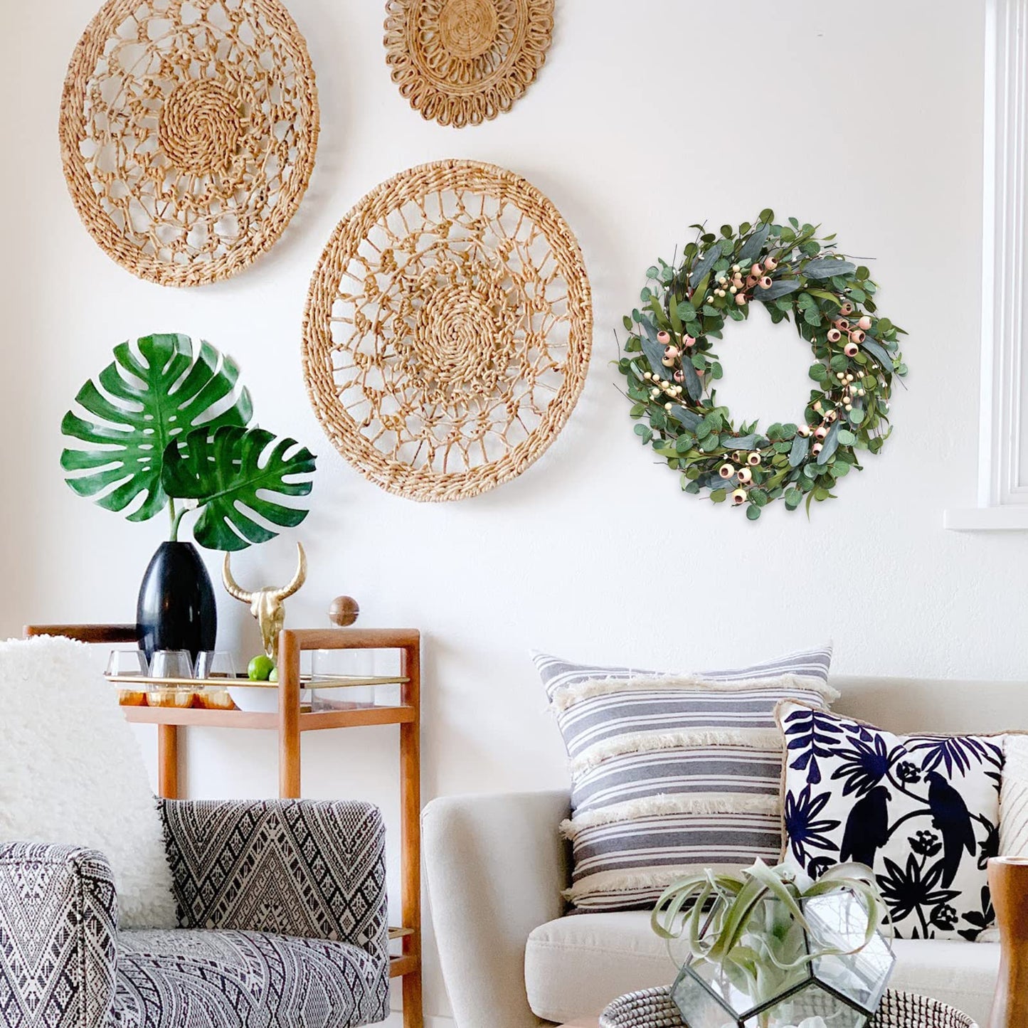 Bibelot 20inch Artificial Eucalyptus Wreath Green Leaves White Berry Big Berries Wreath for Front Door All Seasons Decoration Year Round Decor Home Decor