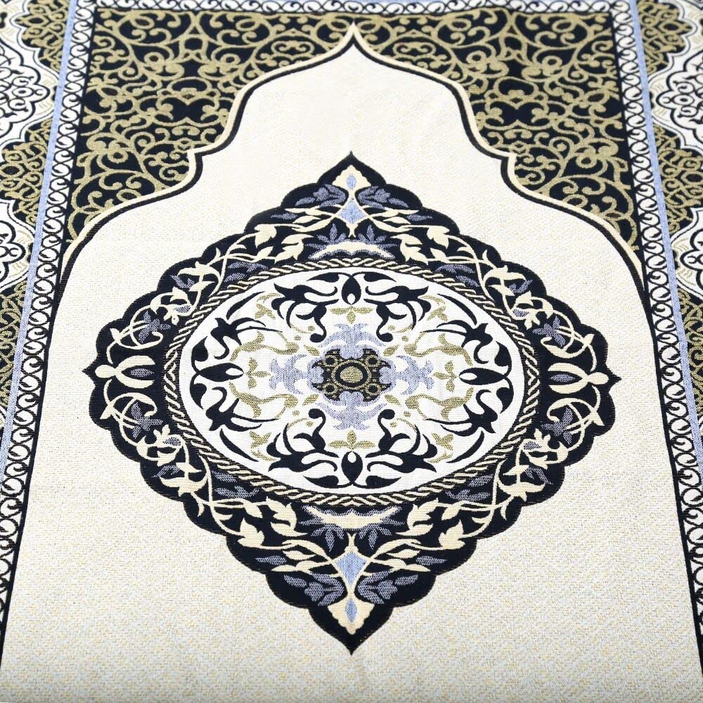 ESERRA Muslim Prayer Rug - 99 Beads & Cap Included, Islam Prayer Mats for Men, Women & Kids (Black)