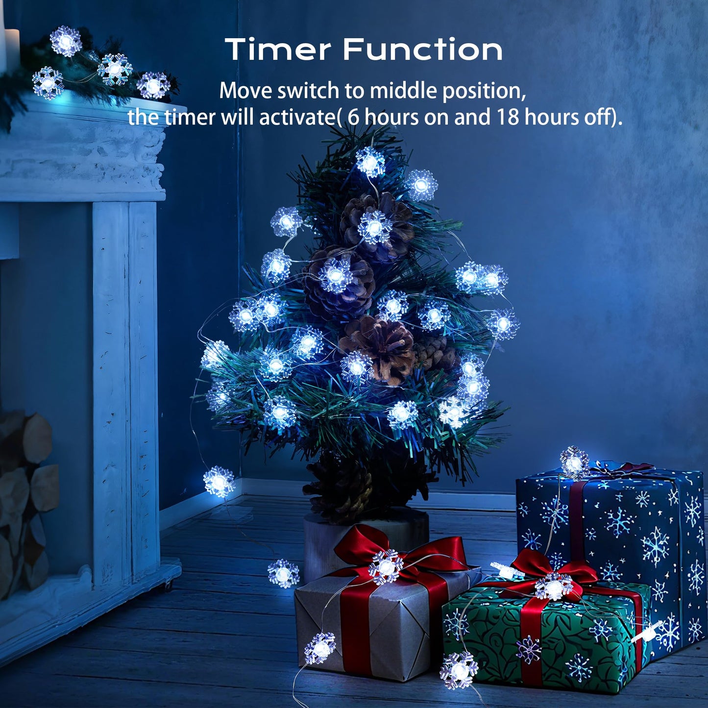 BlcTec Christmas Snowflake String Lights 40 LED 12.8FT Battery Operated Snowflake Fairy Lights with Timer for Bedroom Patio Party Wall Indoor Outdoor Christmas Decorations, Cool White