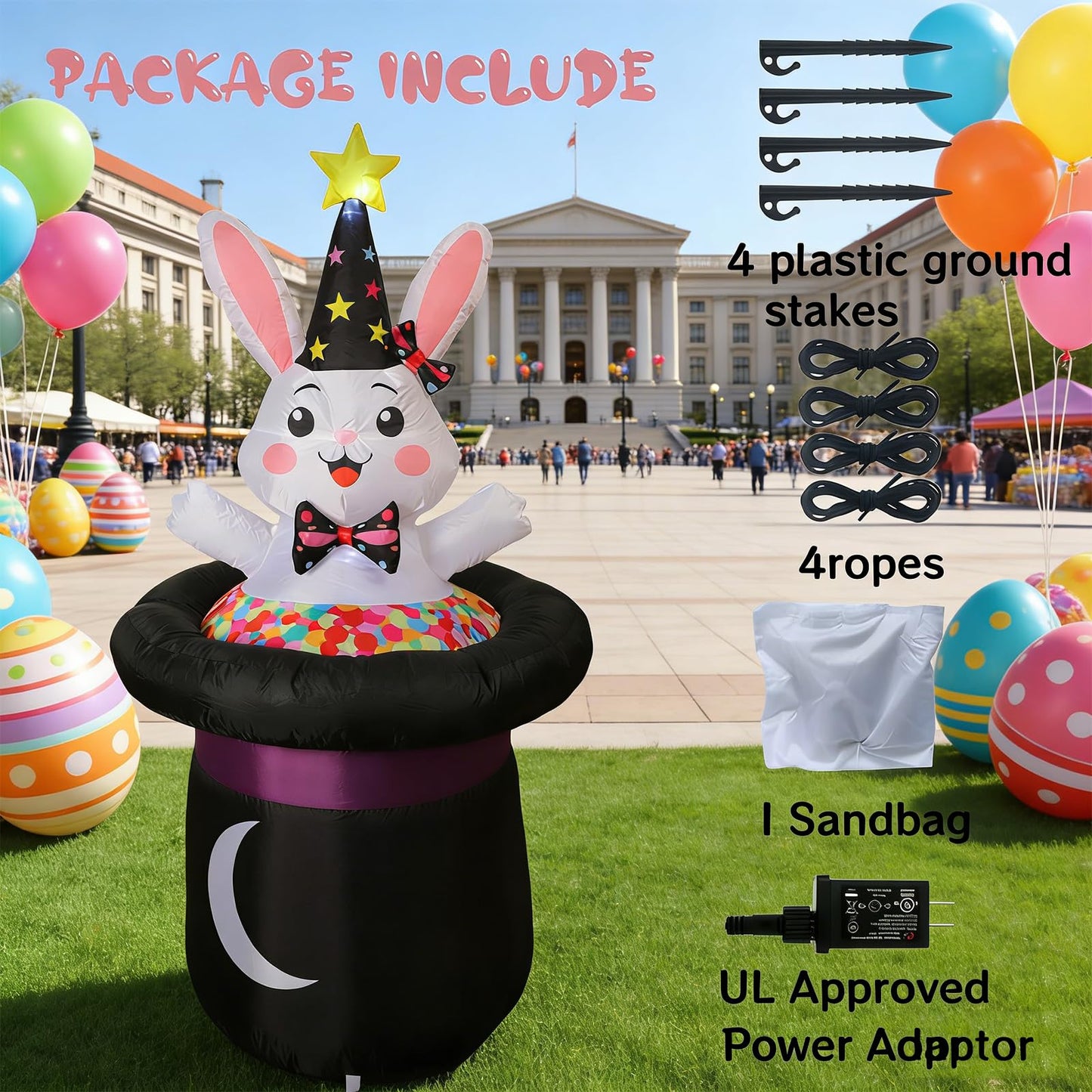 IHGYT 5 Ft Inflatable Easter Bunny in Magic Hat Yard Decoration, Cute Wizard Rabbit Popping Out of Top Hat with LED Lights, Blow Up Lawn Decor for Easter, Birthday Party, Indoor Outdoor Home Garden
