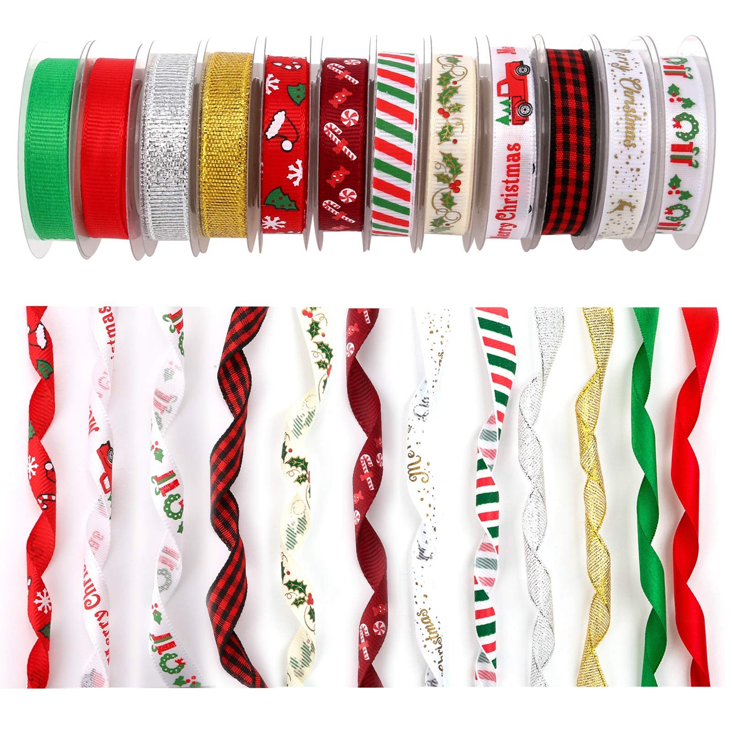 Luter 12Pcs Christmas Ribbon, Grosgrain Satin Ribbons for Crafts Decorations, Xmas Ribbon Set for Christmas Box Wrapping, Sewing, Hair Bows, Wedding, DIY Crafts (60 Yards 3/8 Inch)