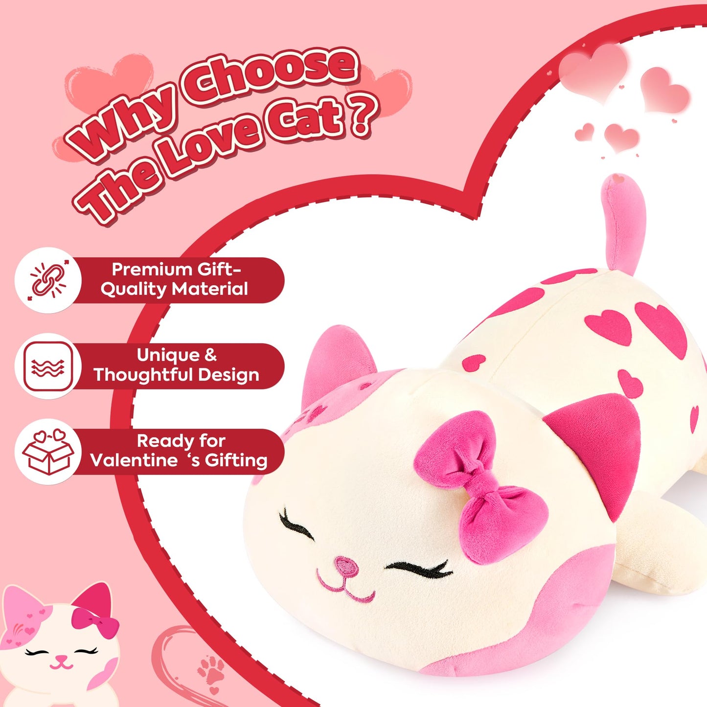 Onsoyours Original Cat Plush with Bowknot Cute 13 inch Kitten Stuffed Animal Soft Pillow Pink Kawaii Kitty Heart Plush Toy Gifts for Kids & Adults (Pink Cat, 13")