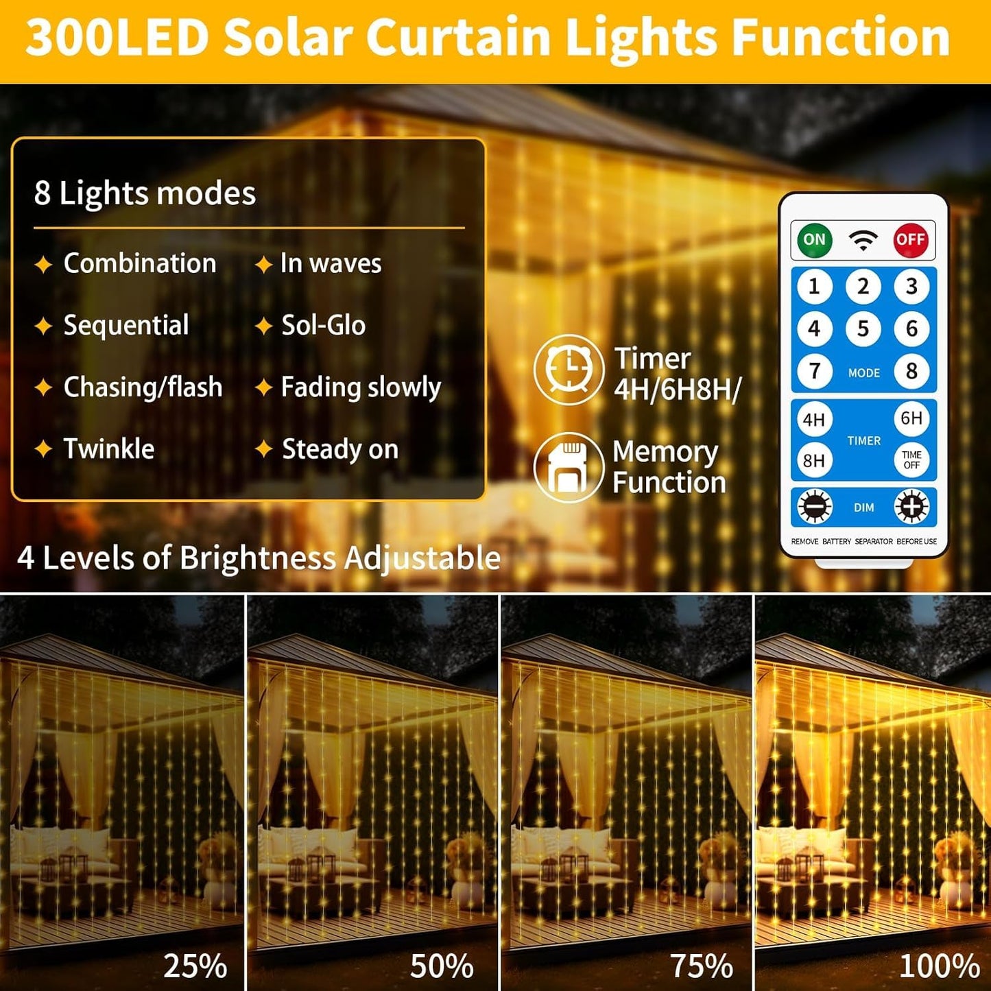 Solar Curtain Lights Outdoor Waterproof 10 * 10Ft 300LED Waterfall Light with 8 Modes Remote Rechargeable Dimmable Hanging Twinkle Fairy String Lights for Outside Christmas Gazebo Party Wedding