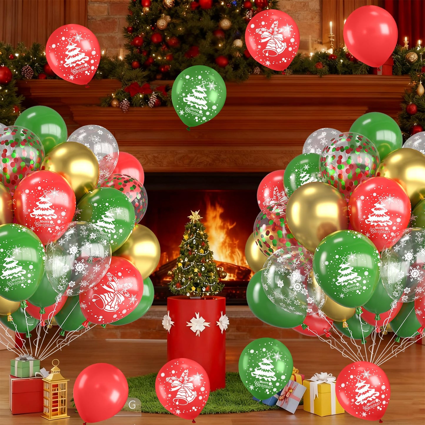 Christmas Balloons,12 Inch Red Green and Gold Christmas Tree Bell Printed Balloon,for Party Xmas Gifts School Classroom Game New Year Baby Shower Birthday Decorations
