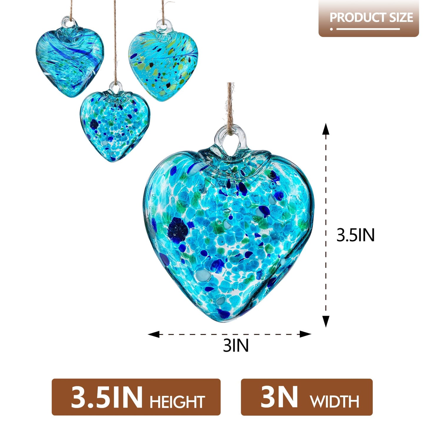 Set of 3 Handmade Glass Heart Ornaments 3.5 Inch Hanging Decoration for Home Garden Wedding Party Decor