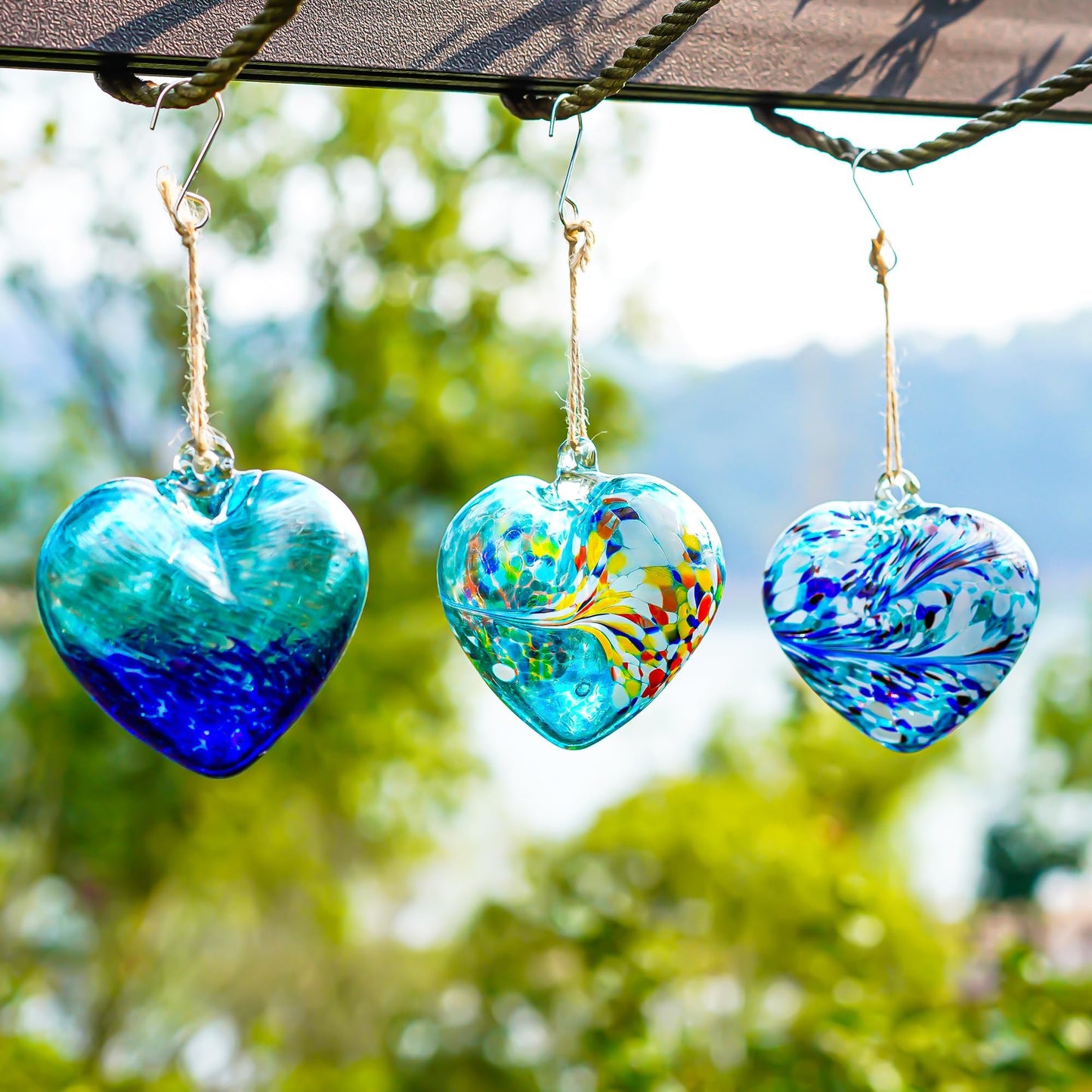 Set of 3 Handmade Glass Heart Ornaments 3.9 Inch Blue Friendship Heart Decor for Garden Home Centerpiece Gifts for Women